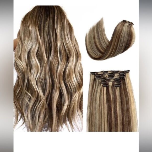 HUMAN HAIR 18” brown blonde clip in hair extensions - Picture 1 of 7